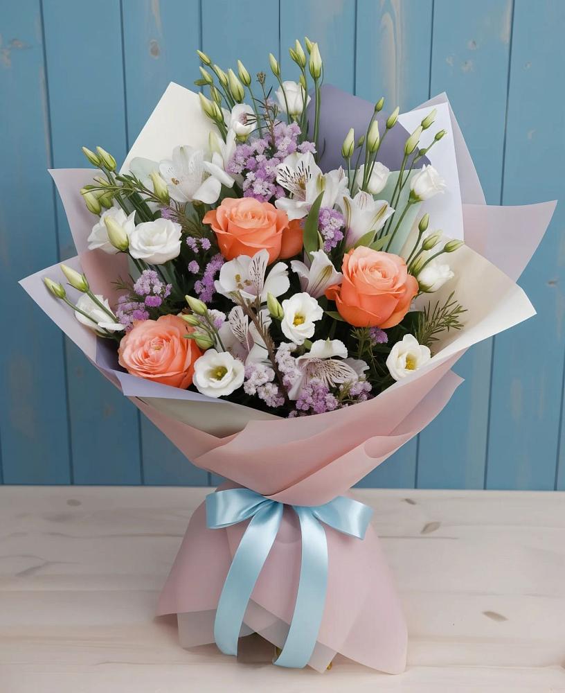 Букет цветов из: Лизиантусы, Розы, Альстромерии и Гипсофила в Суземке