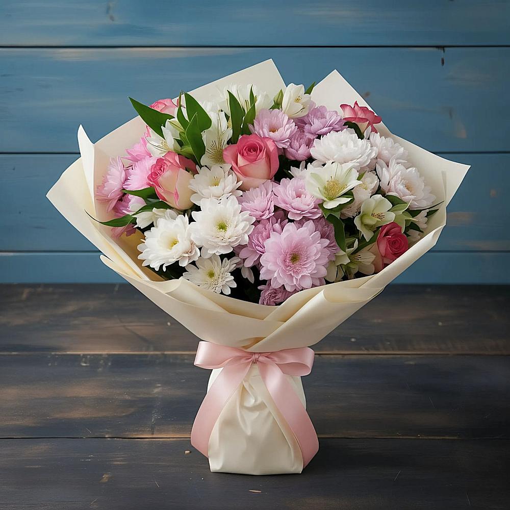 Букет цветов из: Хризантемы, Альстромерии и Розы в Суземке